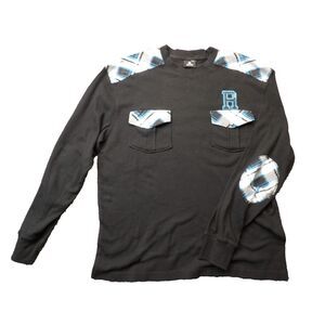 VTG Red Ape Men's 3XL Long Sleeve Black Blue Plaid Embroidered Logo Henley Shirt